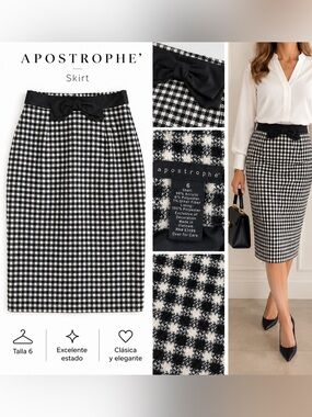 Apostrophe Black and White Houndstooth Tweed Pencil Skirt with Bow Waist